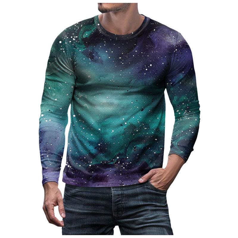 3D Brilliant Starry Sky Printed Top Casual Long Sleeved Men's T-shirts - Soft Medium Stretch Polyester Fabric Spring and Autumn Relaxed Fit Clothing