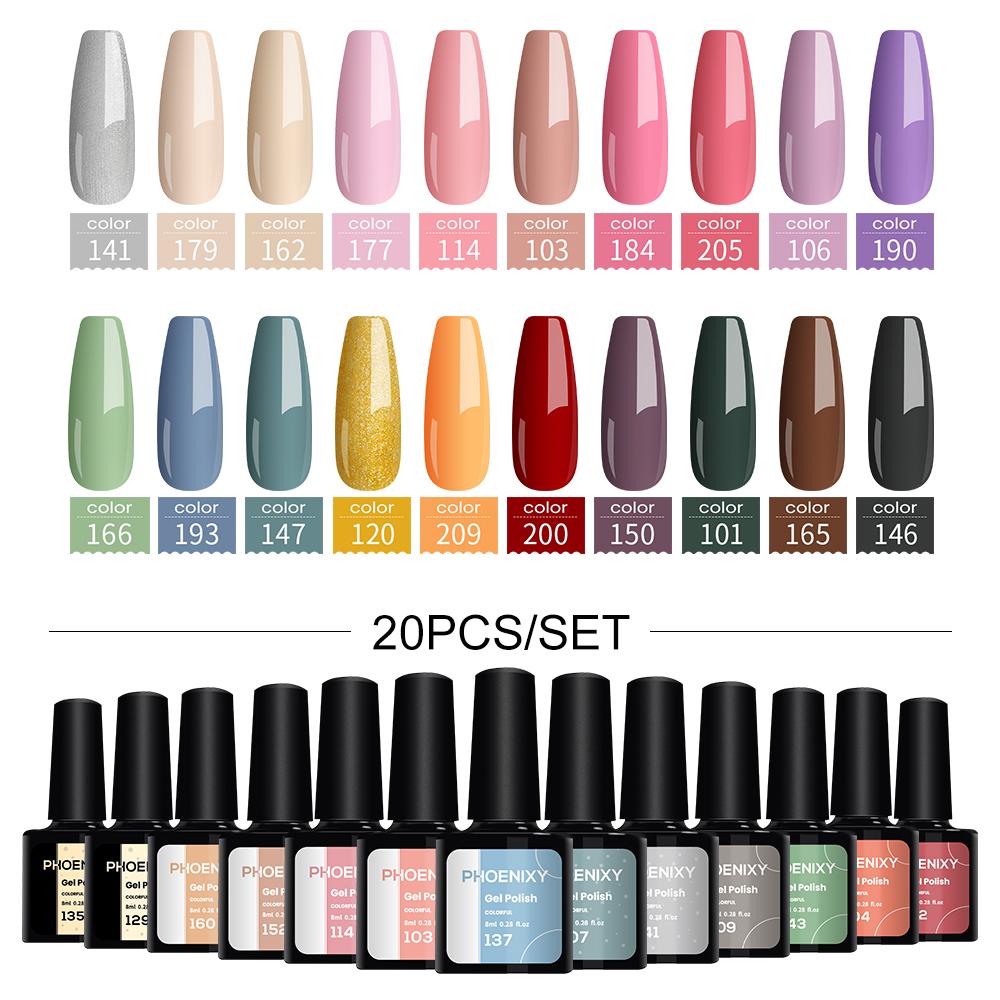 

PHOENIXY 8 мл 10/12/18/20 шт. маникюрный перманентный блестящий гель-лак для ногтей долговечный верхний базовый гель Soak Off гель УФ-светодиодный лак модный блестящий дизайн ногтей 20pcs