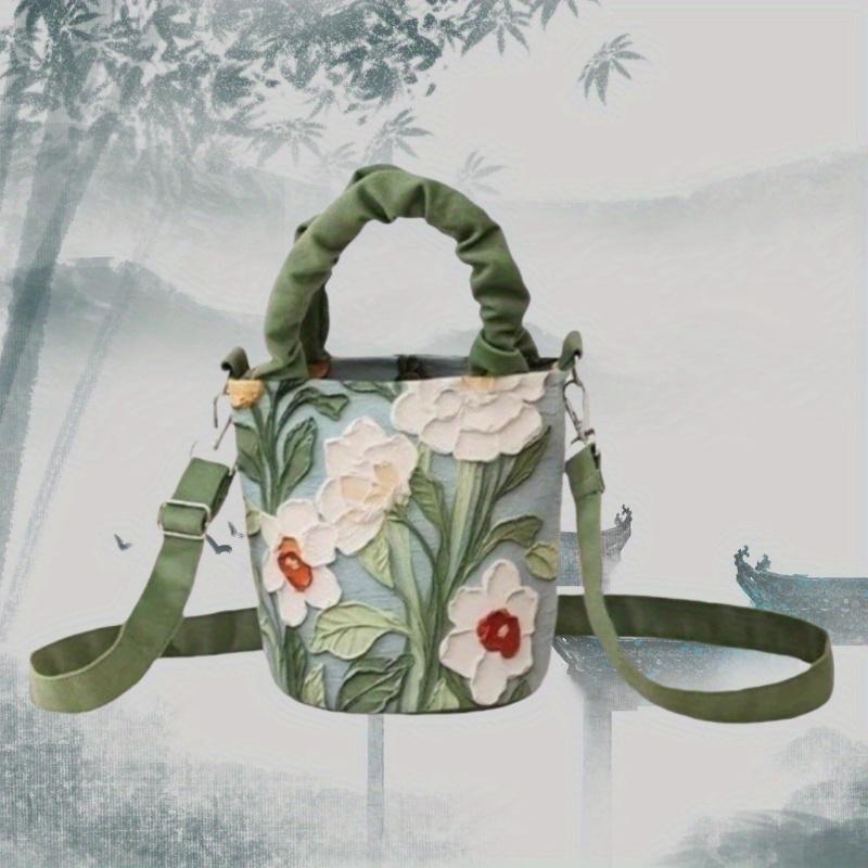 Canvas Women'S Inspiration Spring Fashion Peacock Green Floral Tote Bag, Bohemian Style, Artistic Handbag with Clutch for Commute, Date, Casual