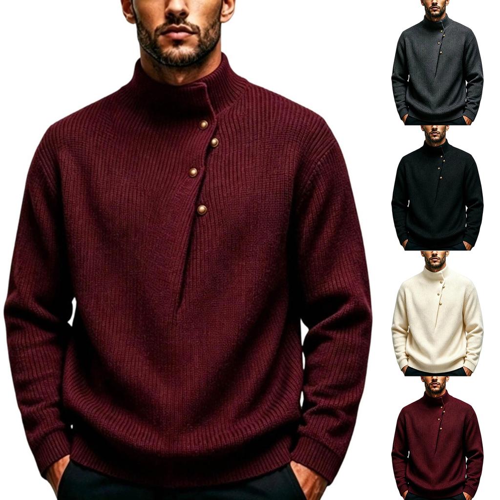 Men's High Neck Loose Fit Knit Sweater with Button Asymmetric for Fall Winter