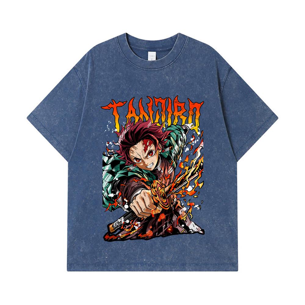 275 GSM Washed T-shirts 100 Cotton Demon Slayer V86 Tanjiro Print Unisex Heavy Cotton T Shirt 2XL королевский синий 2200₽