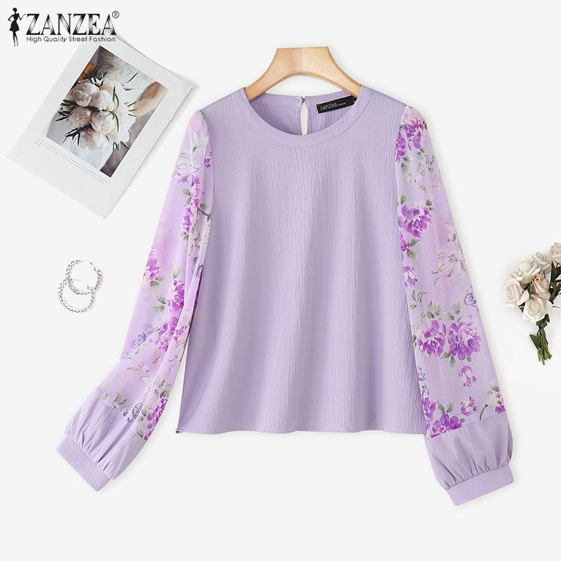 ZANZEA Women Casual Floral Print Splice Long Sleeve Round Neck Loose Blouse