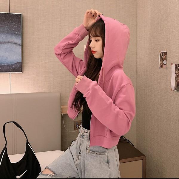 Women's Hooded Long Sleeve Cropped Hoodie Loose Fit Casual Zip Up Jacket Solid Color Cardigan Outerwear