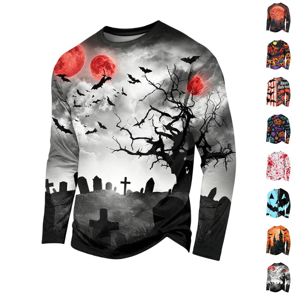 Men's Casual Long Sleeve Round Neck T-Shirt with Halloween Print for Holiday Parties