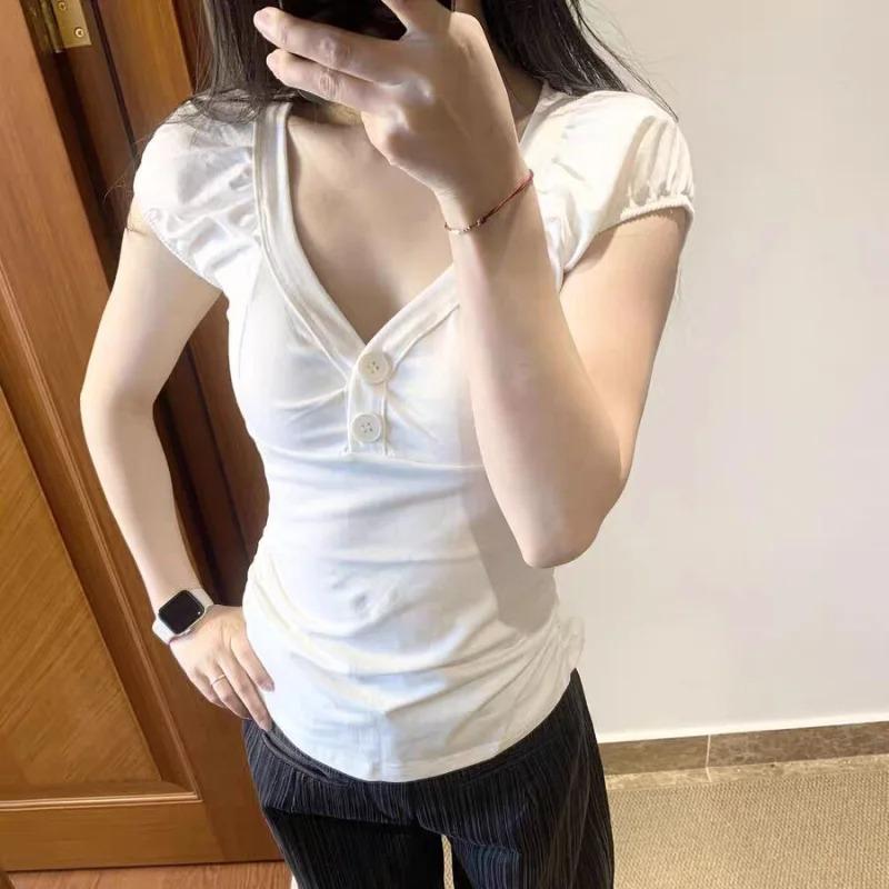 Vintage Solid Color T Shirt Kawaii V Neck Pullovers Tee Shirt Women Y2K Aesthetic White Button Short Sleeve Summer