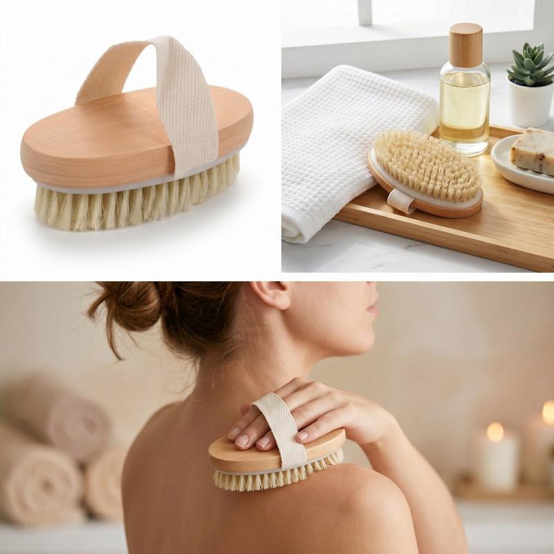 Natural Bristle Body Brush Exfoliation Massage - Palm-Sized Handheld Shower Scrubber Dry Brushing Bath Use