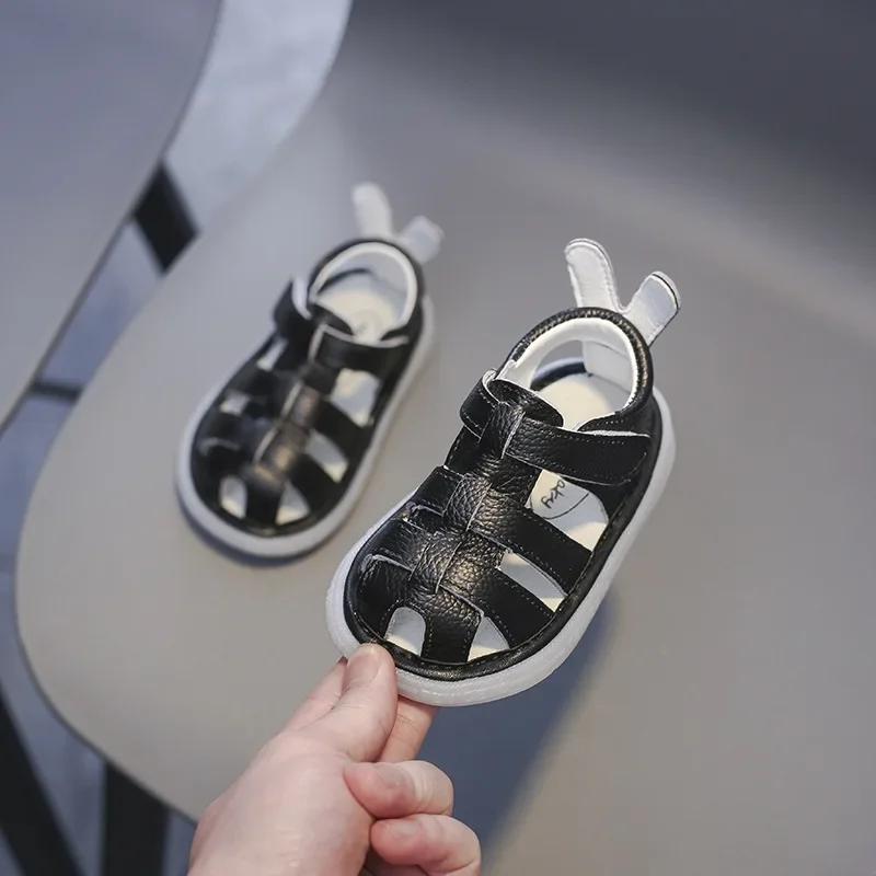 Genuine Leather Sandals Boys Summer Shoes Infant Toddler Shoes Non-slip Soft-soled Kids Children Casual Beach Sandals 23 чёрный