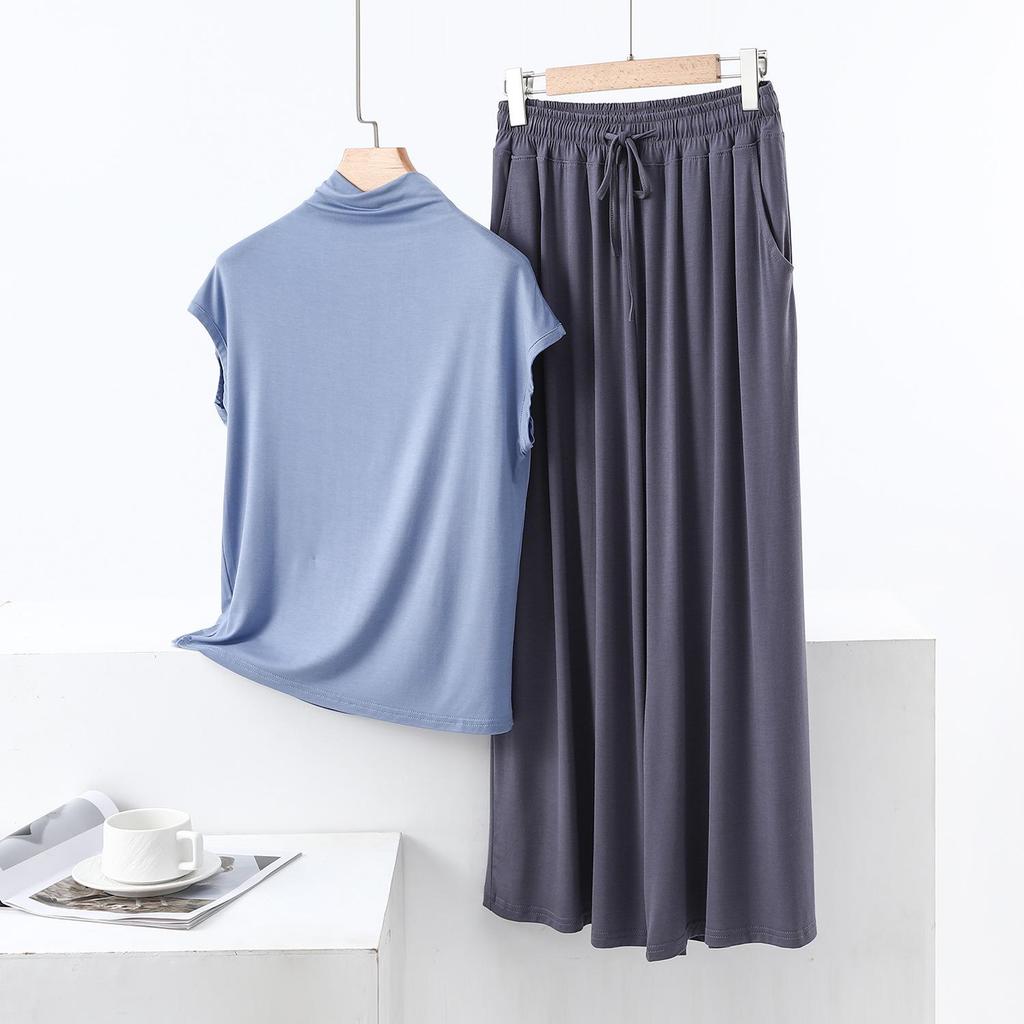 Summer High-Neck Sleeveless Top & Color Block Wide-Leg Pants Two-Piece Set