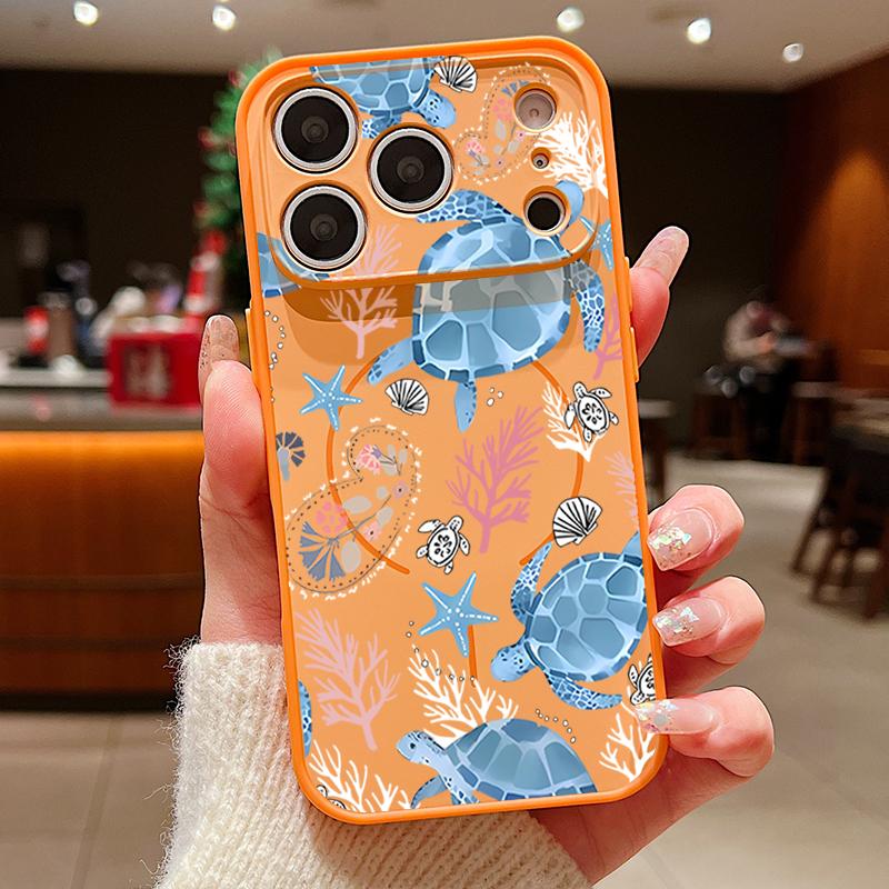 Coral Turtle Pattern Magnetic Phone Case For iPhone 17 Pro Max 16 15 14 13 Pro Max For Magsafe Wireless Charge TPU PC Back Cover