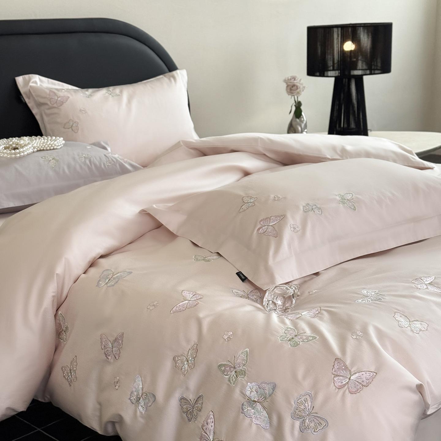 Розово-фиолетовый, Нежные сны, Бабочки, Вышивка, Набор из четырех предметов, Подходит для кровати 1,8 м 1.8m bed розовый