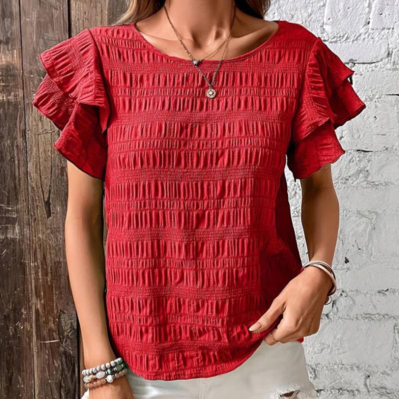 Letní Nové Tričko s Kulatým Výstřihem a Volánovými Rukávy Casual Top pro Ženy Módní Elegantní Vintage Plisované Dámské Volné Halenky Dovolená Slim Dámská Košile 26487