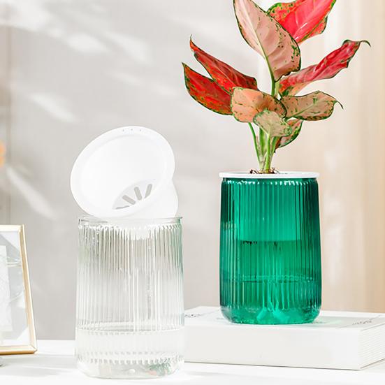 Self Watering Plant Pot Clear with Wick Ropes Plastic Flower Pot Water Reservoir Vertical Stripes Design