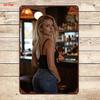 Vertical Metal Tin Sign Blonde Woman Yellow Crop Top Denim Shorts Wildflower Scenery Wall Hanging Decor