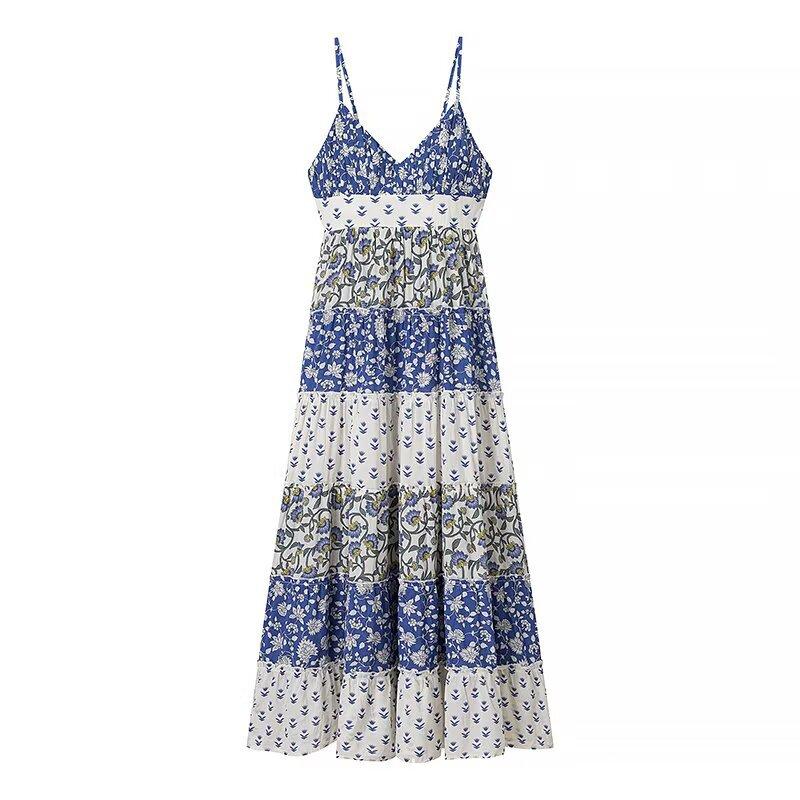 Summer new, European and American style fashion vacation suspender splicing print dress