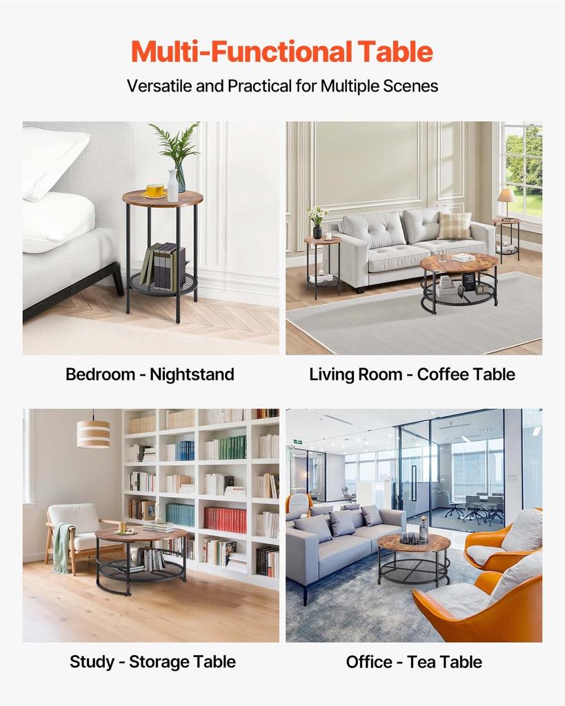 3 Pieces Round Coffee Table Sets, 80 cm Industrial Living Room Table with 2 End Side Tables, Easy Assembly Coffee and End Tables Sets with Metal Legs,