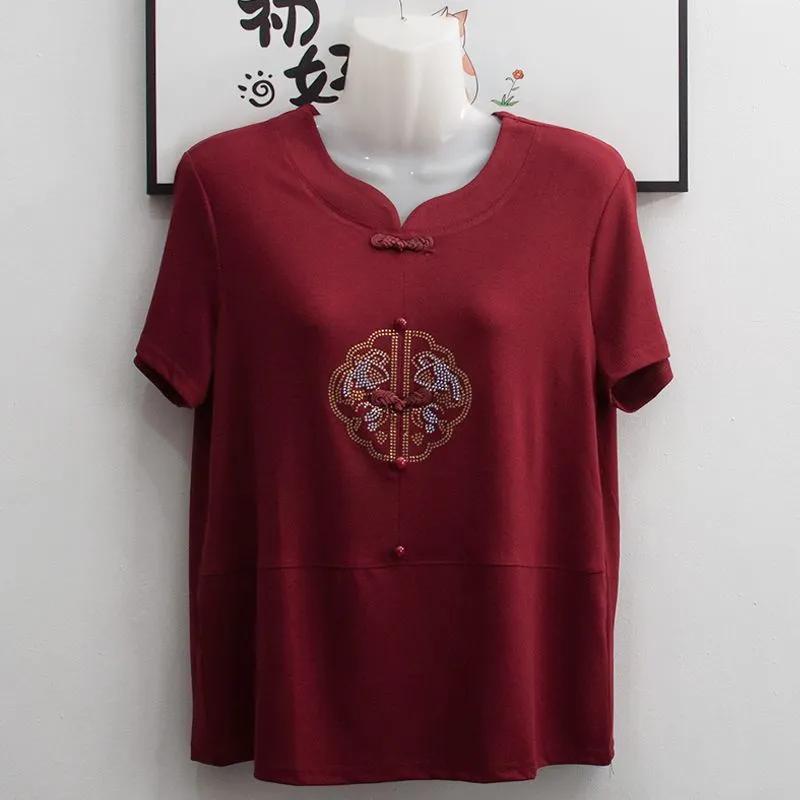 

Женский летний красный топ с коротким рукавом, китайский узел и стразы XXXL красный