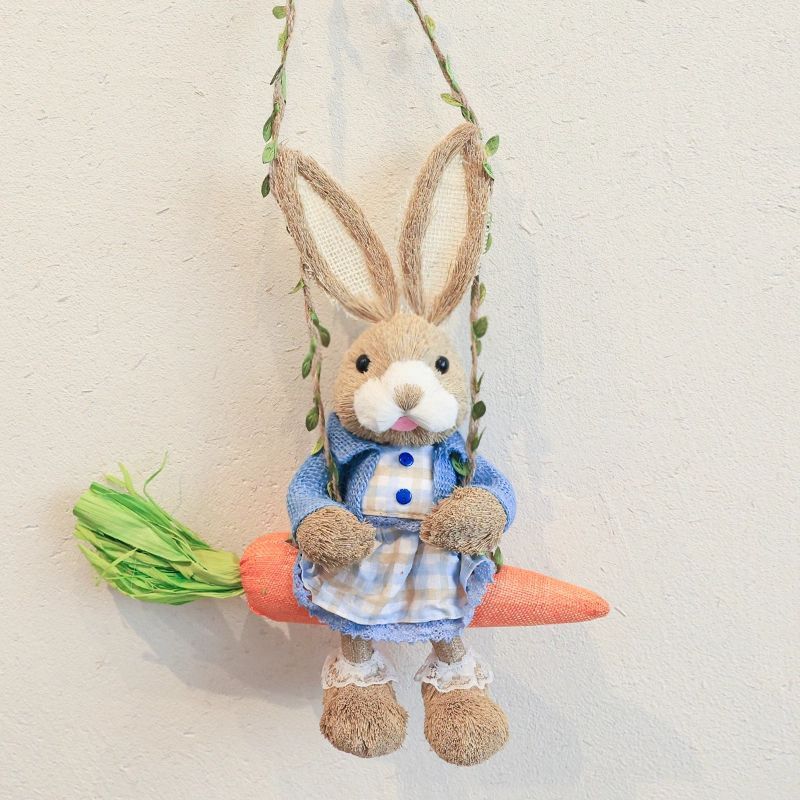Handwoven Straw Bunny on Swing Easter Spring Home Decor Christmas Ornament Unique Gift Nursery Shelf Decor Farmhouse Crafts