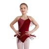 Mädchen Latin Dance Kostüm Ärmellos Neckholder V-Ausschnitt Rückenfrei Glänzend Strasssteine Quasten Leotard