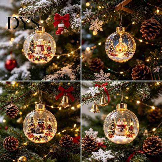 Transparent Holiday Bulbs 3D Christmas Animal Faux Crystal Ball Ornament, Lighted Acrylic Hanging Decor with Hedgehog Penguin Panda, LED Tree Pendant,