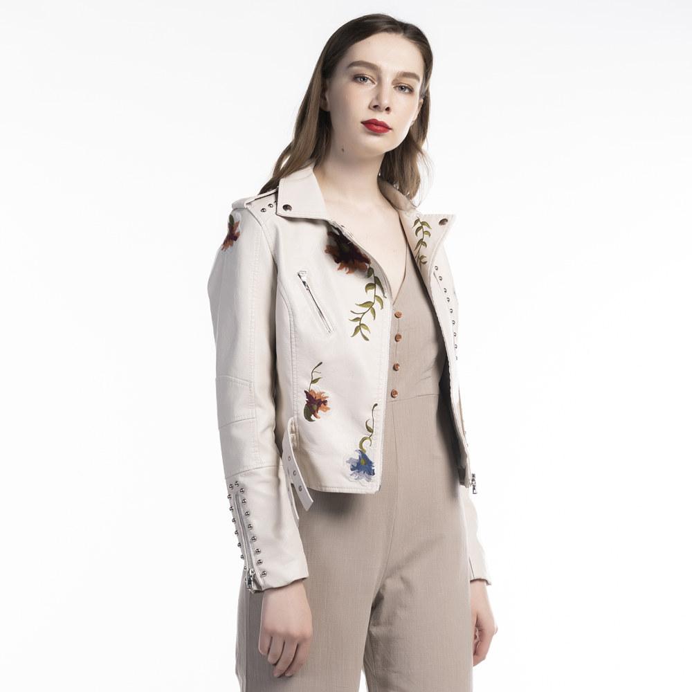 Turn-down Collar Pu Motorcycle Black Punk Outerwear Women Floral Print Embroidery Faux Soft Leather Jacket Coat