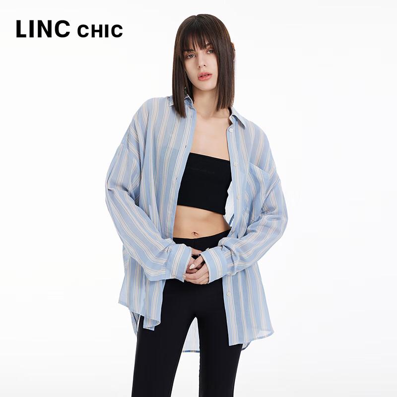 

Women s Thin Striped Long Sleeve Relaxed Fit Cover-Up Shirt M