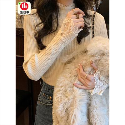Semi-turtleneck Lace Splicing Knitted Top Women's Spring Slim-fit Temperament Inner Bottoming Shirt Soft Waxy Sweater
