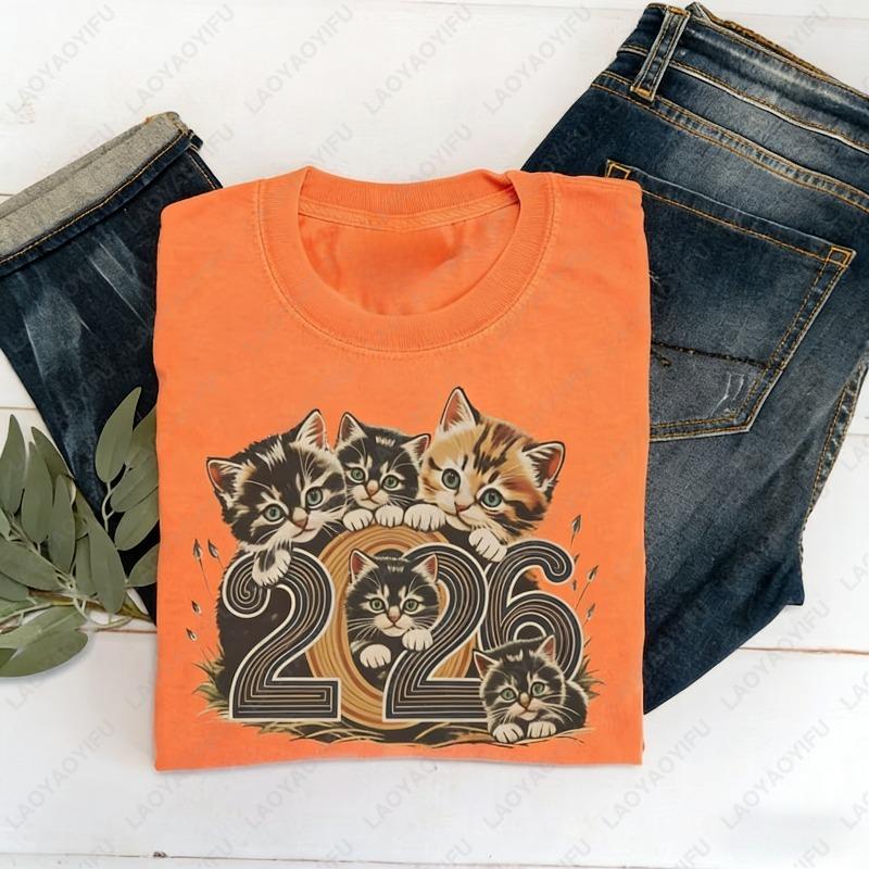 2026 Kitten New Year TShirt Retro NYE Party Cute Graphic Holiday Celebration Lovely Unisex Cotton Shirt Cat Lovers Woman Shirt S