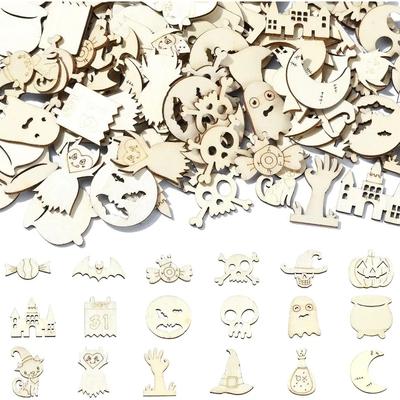50PCS Unfinished Wooden Halloween Cutouts, Wooden Crafts for DIY Halloween Party Decorations