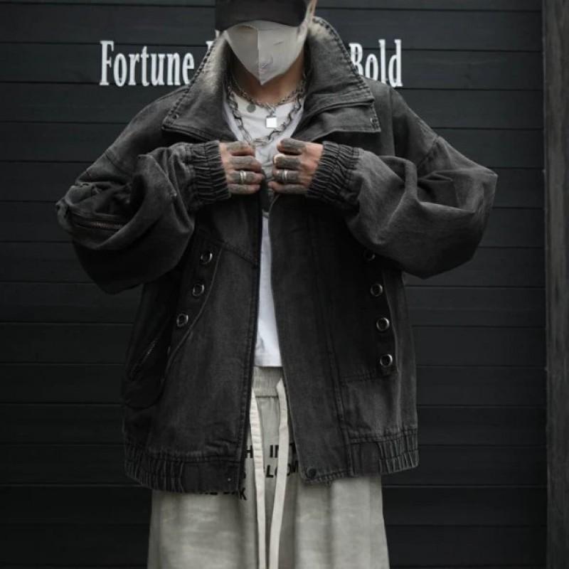 Distressed Metal Button Denim Jacket With Raw Hem Deconstructed Design Streetwear Oversized Collar Workwear Style
