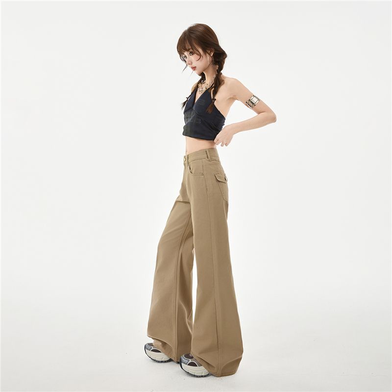 Spring Summer Pure Cotton Soft Comfort Micro Flare Flap Pocket Relaxed Flare Denim Pants For Women Casual Pants Oversize Denim Trousers