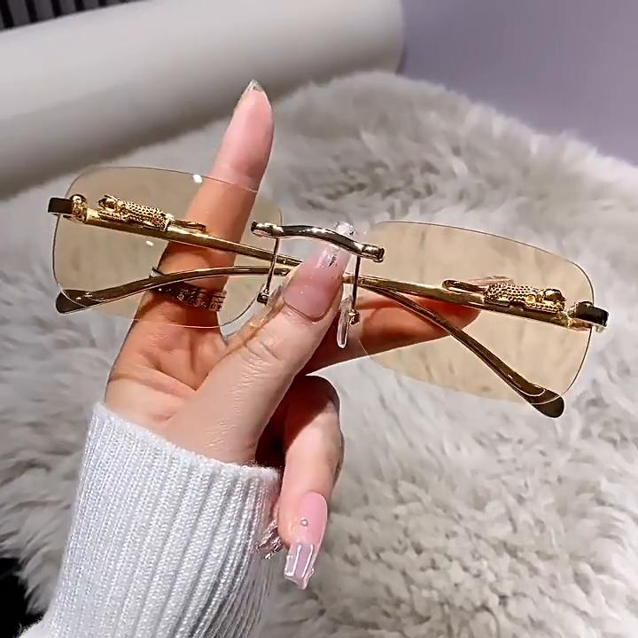 Nové Rectangle bez obrouček Vintage kovové sluneční brýle s leopardí hlavou Módní bezrámové tónované brýle Stínidla pro ženy Muži