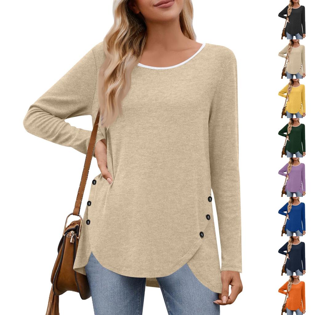 Women's Fashion Casual Solid Color Round Neck Long Sleeve Button Tops On Both Sides