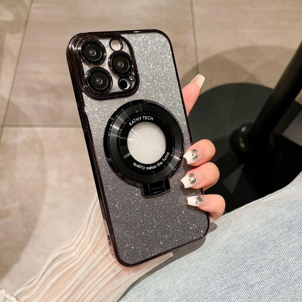 Applicable To Apple 16 Flash Powder Mobile Phone Case Magnetic Suction Bracket IPhone 15 ProMax Electroplated PC Anti Fall 14 Protective Case