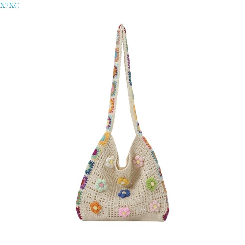 X7XC Women's Crochet Toted Bag Beach Bag Bohemian Shoulder Handbags Summer Vacation Crossbody Bag Portable Knit Hippies Bag