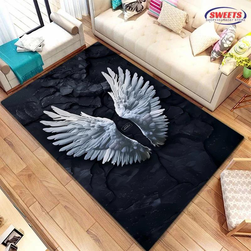 3D-tryckt matta med änglavingar, val för vardagsrum, sovrum, kontorsområde, barnrum, slitstark, halkfri, maskintvättbar matta
