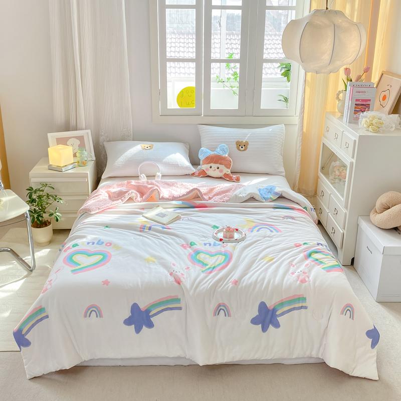 Cartoon Rainbow Bear Summer Quilt 100% Cotton Air Conditioning Thin Quilt for Kids Teens Multi-functional Nap Quilted Quilt