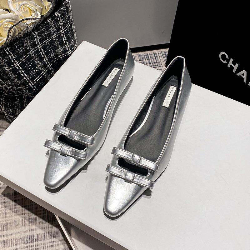 Designer Women Heels Ladies Small Heels Leather Shoes Elegant Pointed-toe Bowknot Pumps Casual Slip-on Scoop Shoes Tacones Mujer