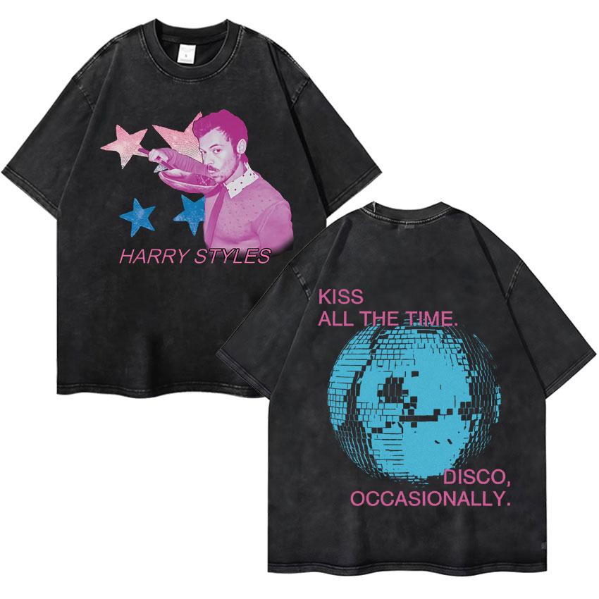 Harry Styles Küsst Immer Disco Gelegentlich Tour Hochwertig Vintage Gewaschen Rundhals T-Shirt Fan Geschenk Unisex Baumwoll-T-Shirt