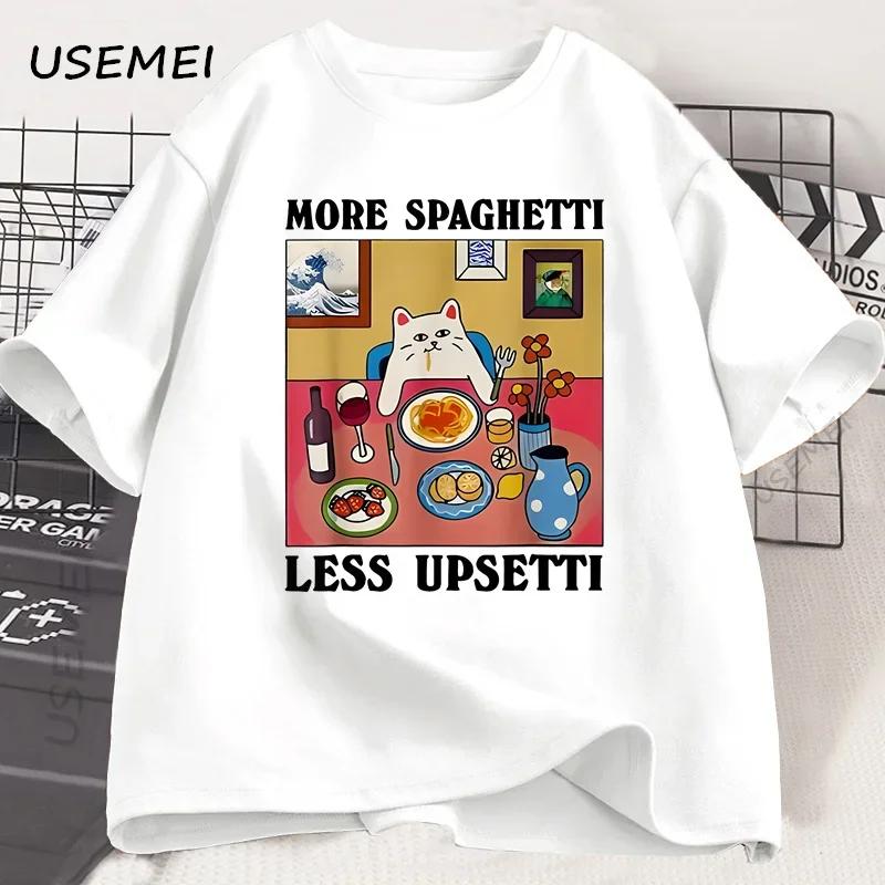 More Spaghetti Less Upsetti Funny Cat TShirt Unisex Unisex Printed T Shirt Harajuku O Neck Cotton Short Sleeve Tee Shirt Cat Lover