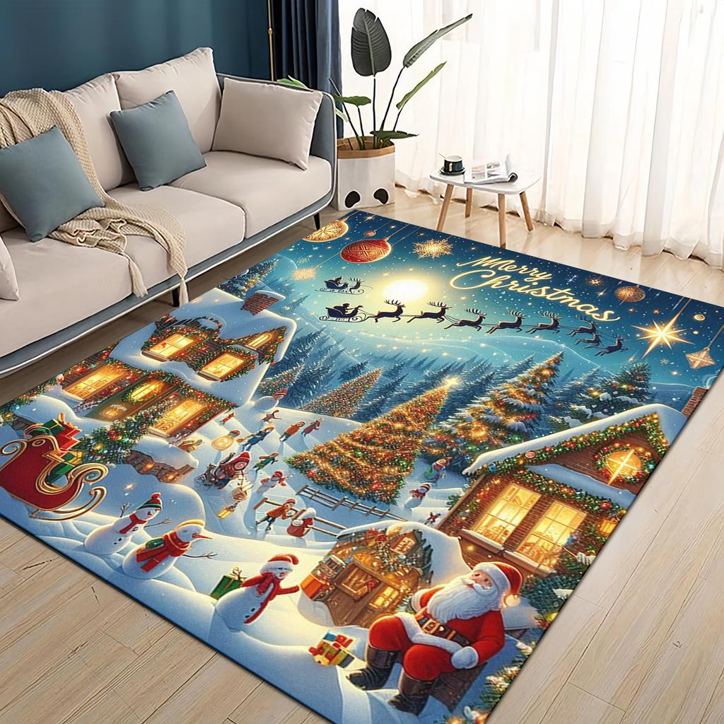 Merry Christmas Cartoon Santa Claus Snowman New Year Gift Carpet Rug for Living Room Bedroom Home Sofa Decoration,Non-slip Mat