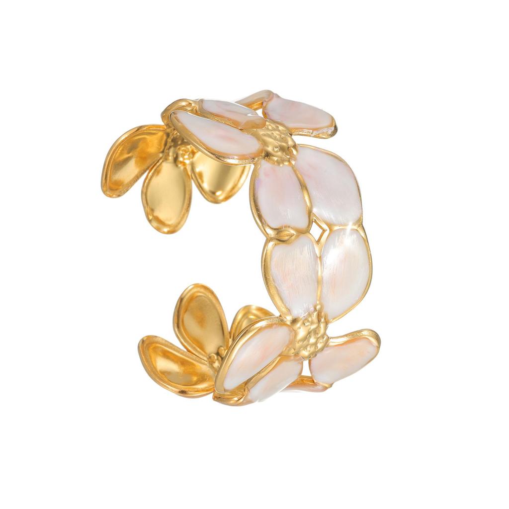 Elegant White Drip Oil Flower Bangle - High-End Stainless Steel Women's Bracelet