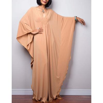 Women's Fashion Spring Fall Solid Color Print Long Sleeve V-Neck Loose Waistline Casual Dresses