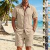 Men's Summer Striped Linen Lapel Shirt & Shorts Set