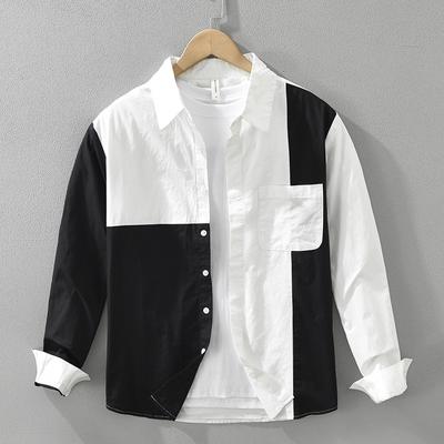 Korean Fashion Men Long Sleeve Shirt Youth Streetwear Patchwork Shirt with Pocket Spring Fall Lapel Collar Pure Cotton Casual Tops Male