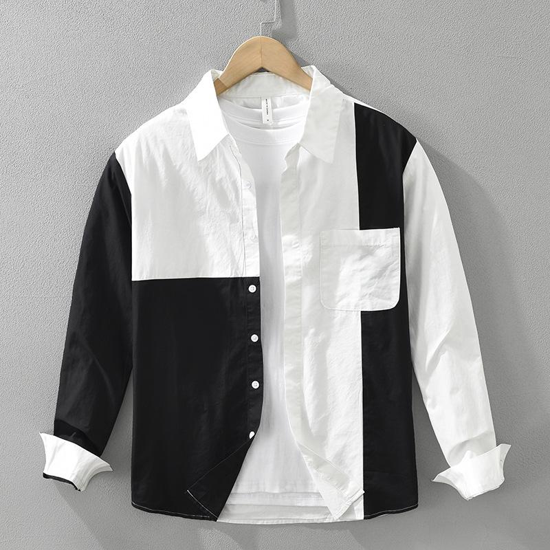 Korean Fashion Men Long Sleeve Shirt Youth Streetwear Patchwork Shirt with Pocket Spring Fall Lapel Collar Pure Cotton Casual Tops Male