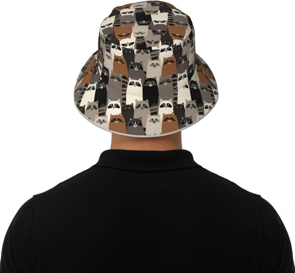 Cute Raccoon Cat Print Bucket Hat, Cartoon Animal Pattern Sun Hat for Men Women Summer Beach Outdoor UPF Protection Cap