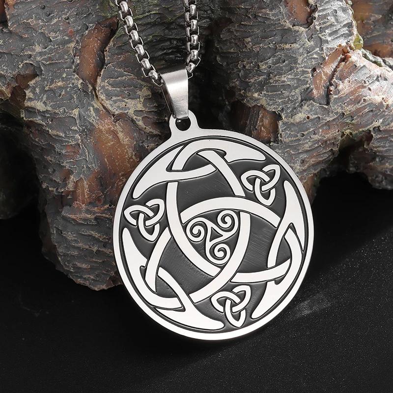 Stainless Steel Trinity Celtic Knot Nordic Rune Pendant Necklace Retro Ethnic Irish Knot Lucky Amulet Jewelry for Men