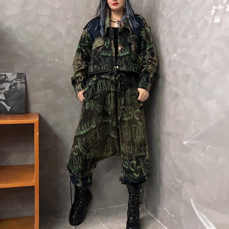 Personality trendy and cool old-fashioned printed denim lapel collar long-sleeved short jacket multi-pocket trousers two-piece set women's autumn