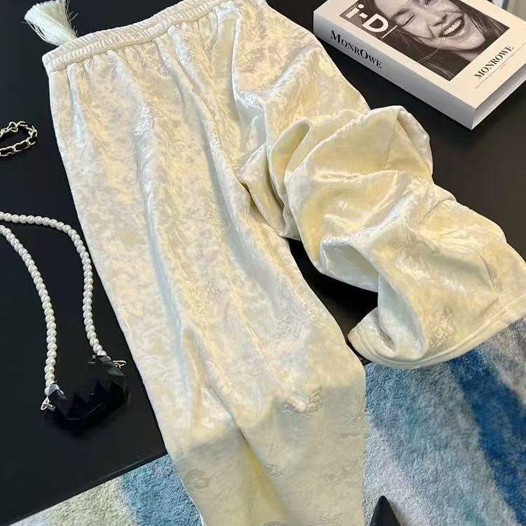 Retro Chinese Style Golden Velvet Jacquard High Waist Slim Fit Pants for Spring and Autumn