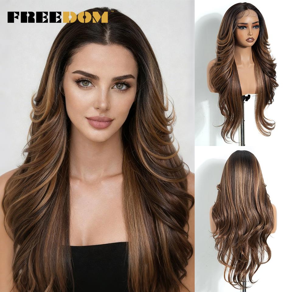 FREEDOM Synthetic Lace Front Wigs For Women 28 Inches Long Layered Wavy T Part Ombre Brown Blonde Wig With Bangs Cosplay Wigs
